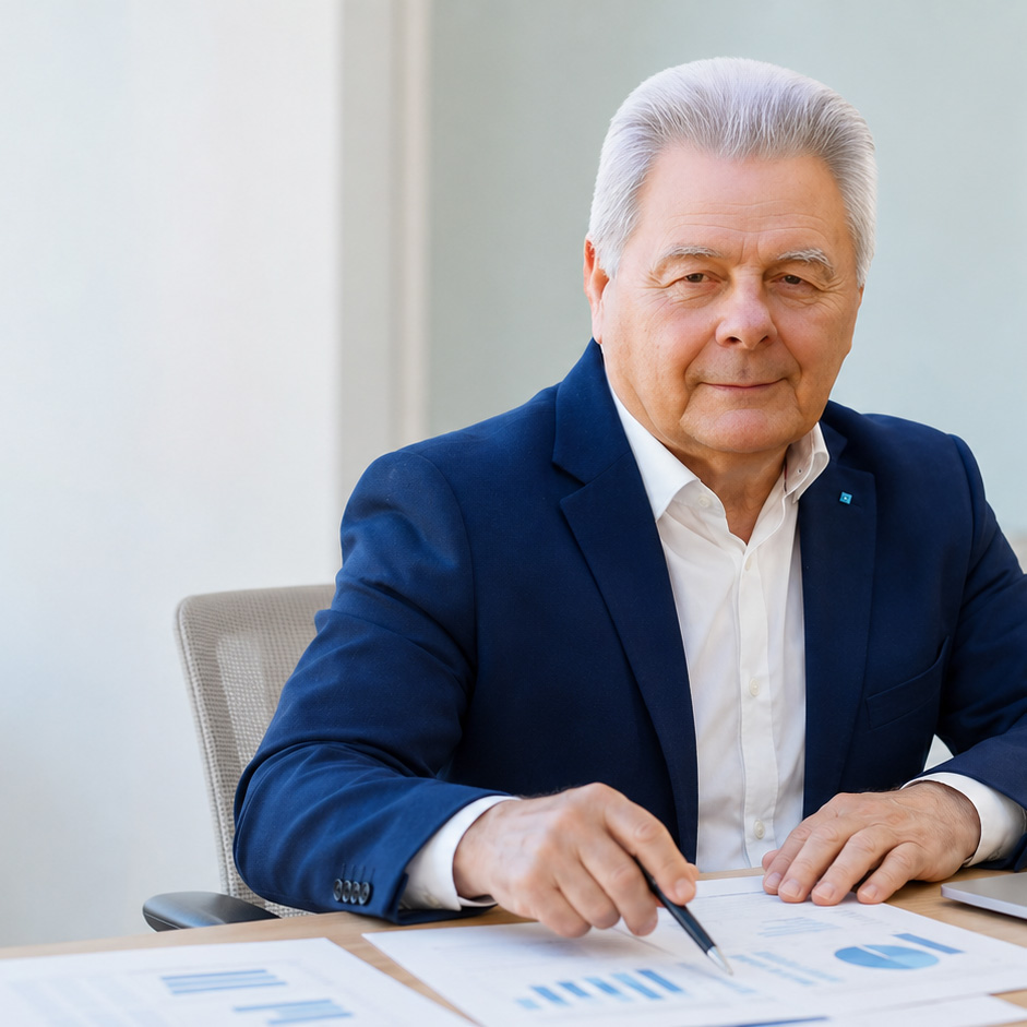Ernst Mennesclou im blauen Anzug am Schreibtisch